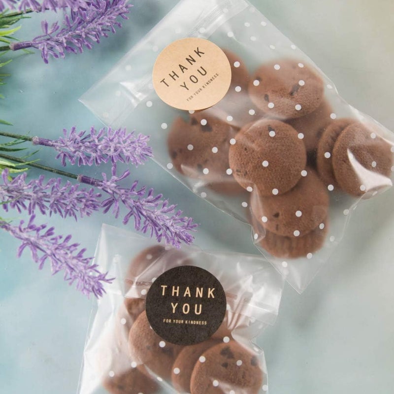 YunKo 200 Pack Self Sealing Clear Cookie Bags with Polka Dots & Thank You Stickers â€“ 5.5x5.5 Inch Resealable Treat Bags for Cookies, Candy, Chocolate, Bakery Goods, Party Favors - Image 5